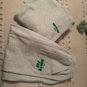 White Fox: Gray Sweatshirt and Sweatpants Set with Green Logo